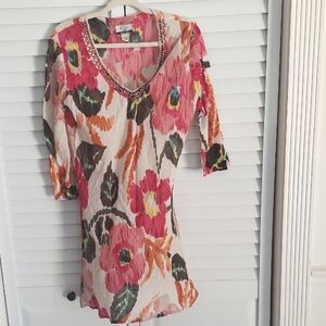 Club Z‎ Dress Size S Cover-up, Beaded V-neck, Cotton, Side Slits, Floral Print